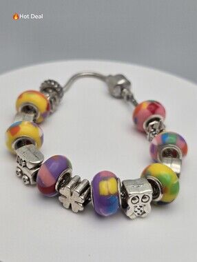 Colorful Charm Bracelet Girl Hope Owl Castle Clover Train 8.5" Pandora Style